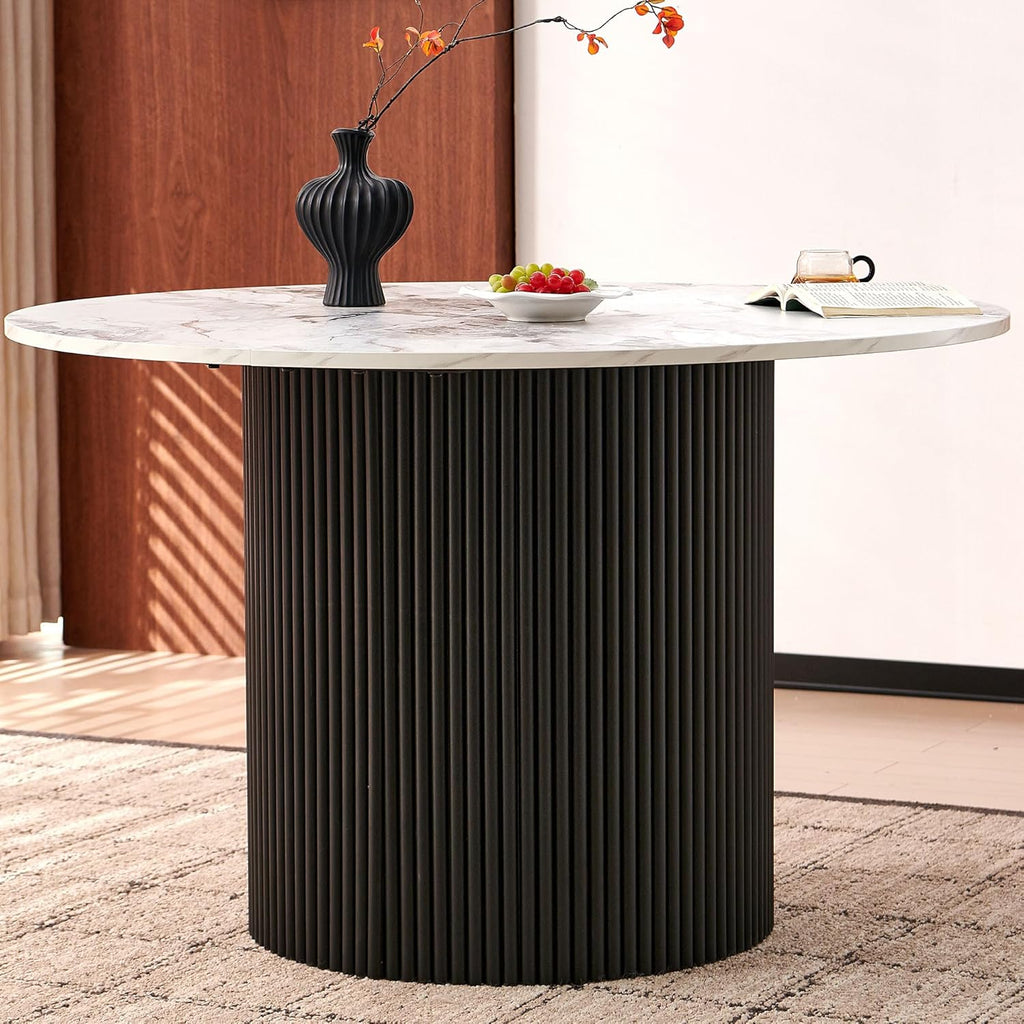 Modern Round Kitchen Table for 4, 47" White Dining Table, Circle Dining Room Table, Dinner Coffee Table with White Marble Effect Tabletop, Wood Strips Pedestal Base for Living Room