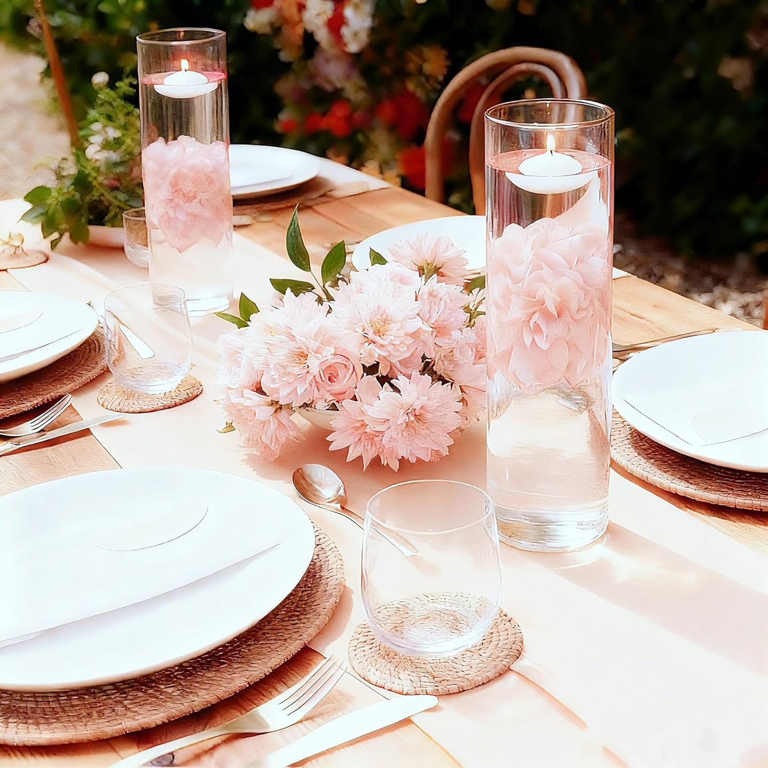 UDU 24 Pcs Floating Candles for Centerpieces and Floating Flowers for Centerpieces Artificial Flower Head for Home Birthday Wedding Party Table Decor Pink