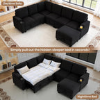 Modular Sectional Sofa Bed with Cup Holders, L-Shaped Pull Out Couch with Storage, Modern Corduroy Sleeper Sofa for Living Room(Black, 7 Seat)