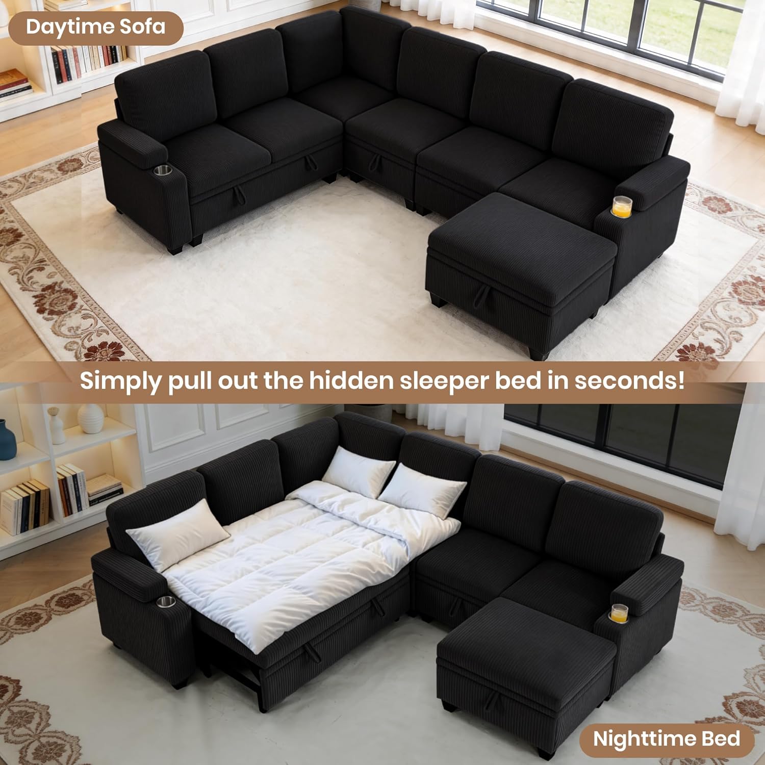 Modular Sectional Sofa Bed with Cup Holders, L-Shaped Pull Out Couch with Storage, Modern Corduroy Sleeper Sofa for Living Room(Black, 7 Seat)
