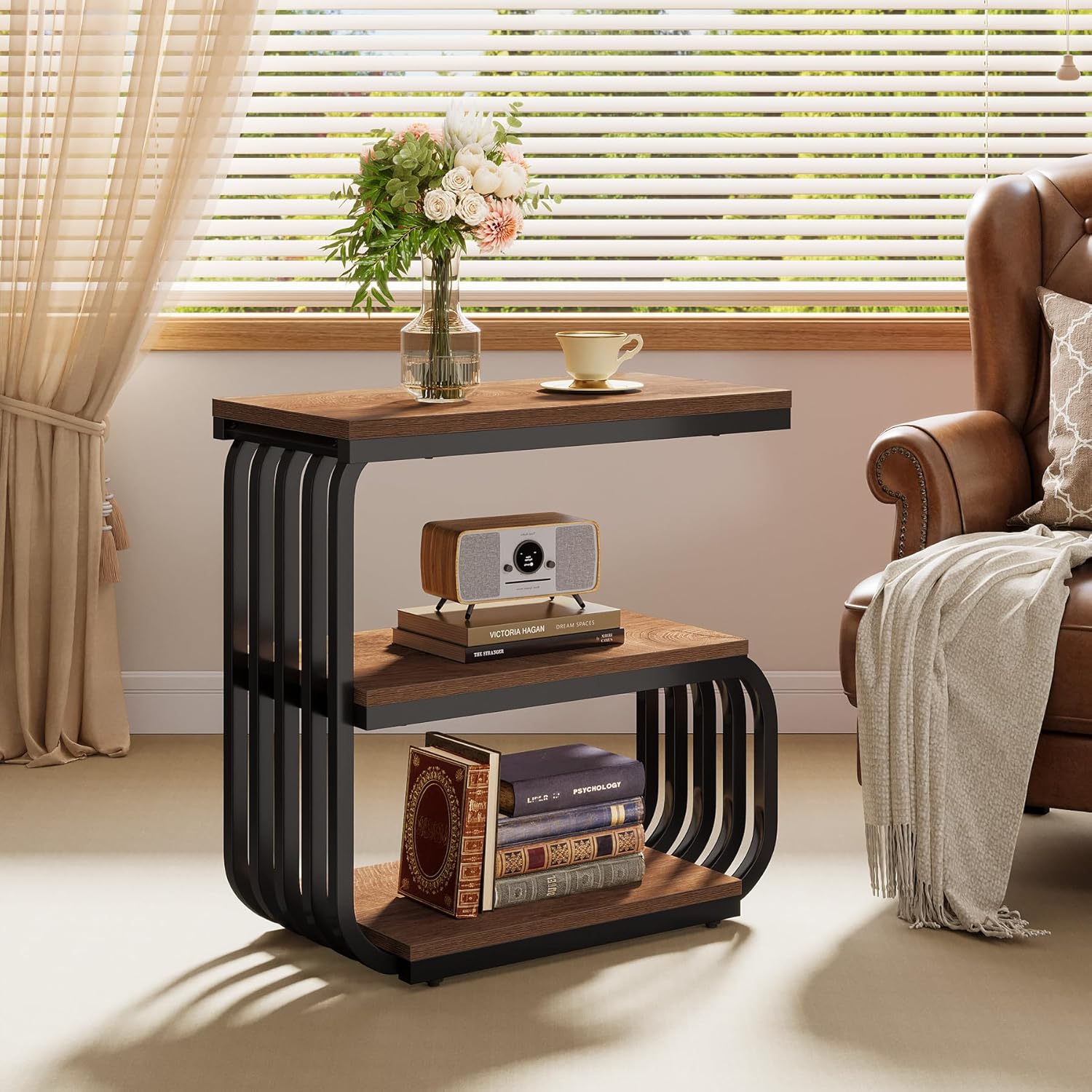 Tribesigns Small End Table, Narrow Side or Bedside Stand, 3 Tier Design Accent Table with Metal Frame, Industrial Vintage Nightstand for Living Room, or Small Spaces (1, Brown)
