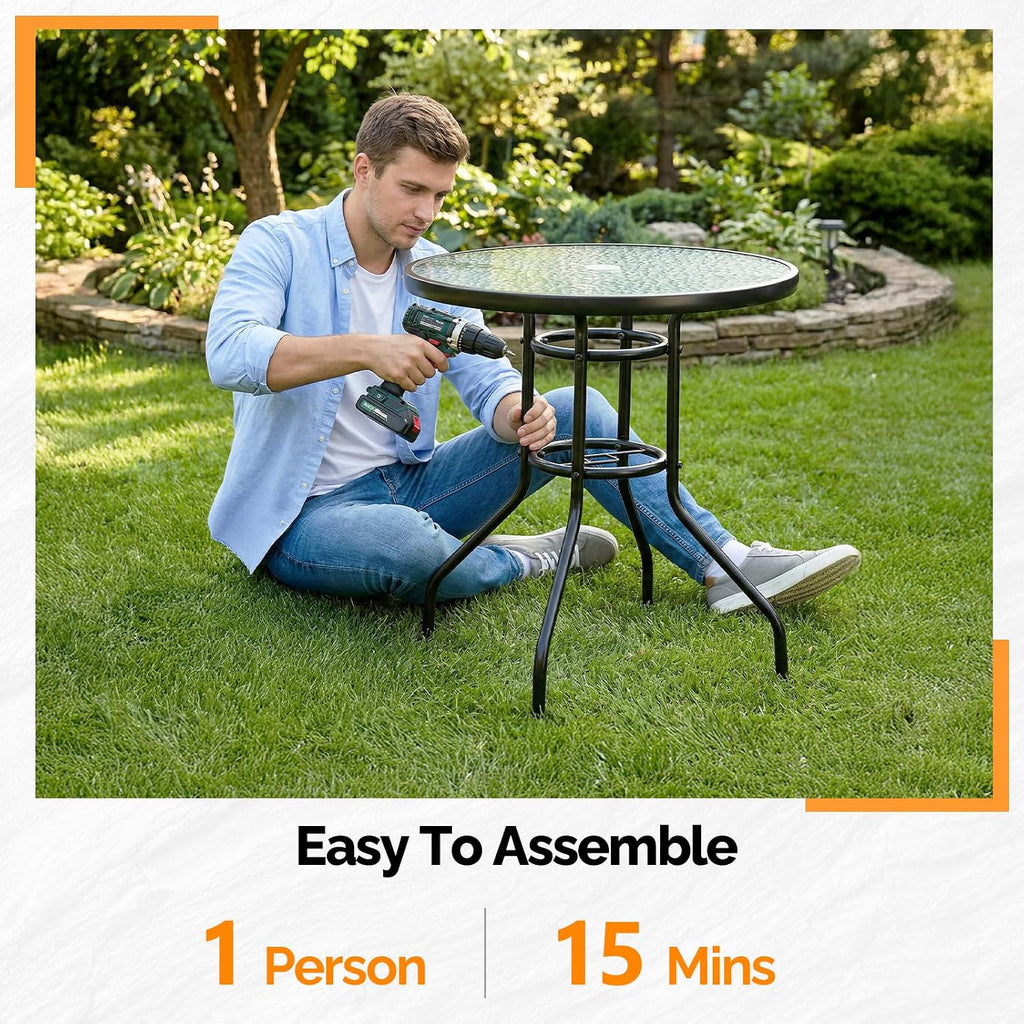 VINGLI Round Patio Table with Umbrella Hole, 32" Outdoor Dining Table Steel Tempered Glass Patio Tables Round Outdoor Tables for Balcony Garden Deck