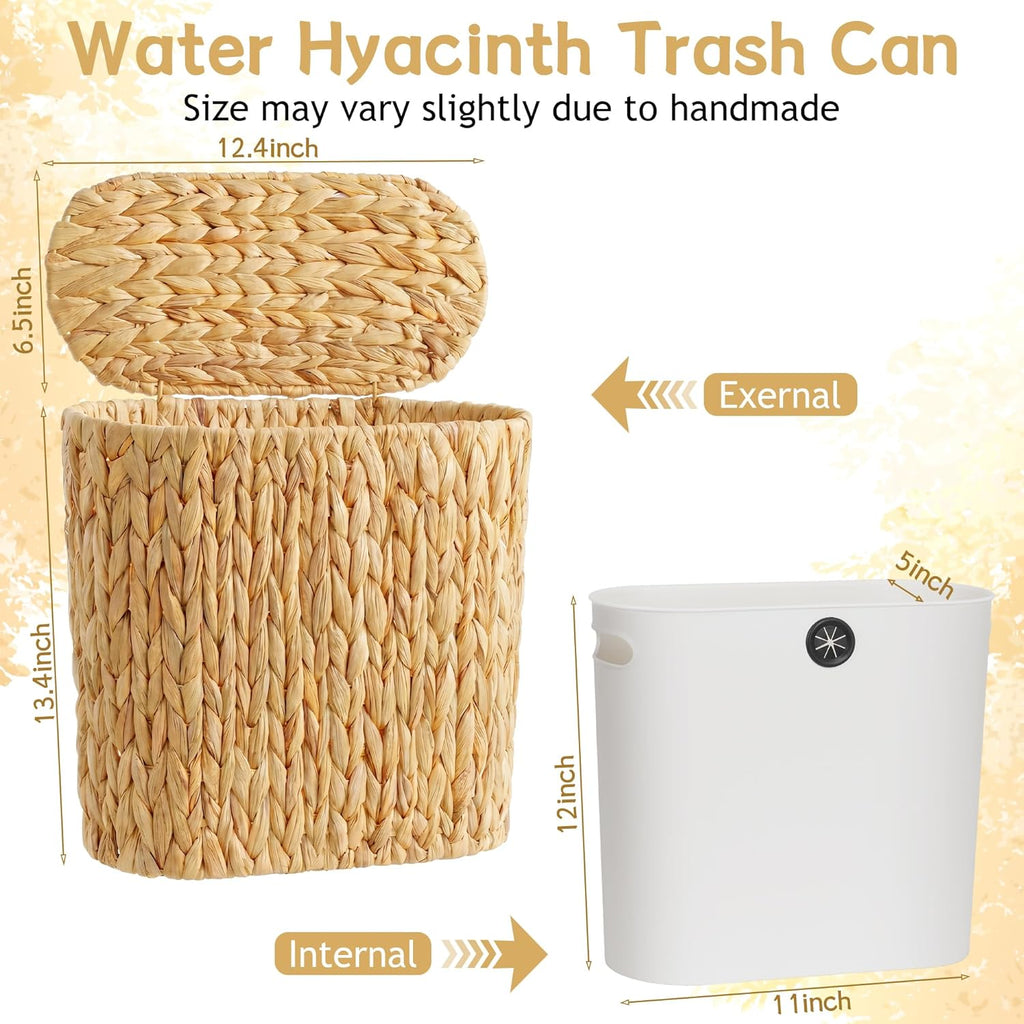 iEGrow 3 Gallon Wicker Trash Can, Bathroom Trash Can with Lid, Narrow Natural Water Hyacinth Waste Basket with Removable Liner, Boho Garbage Can for Bedroom, Office, Small Spaces Living Room, Toilet