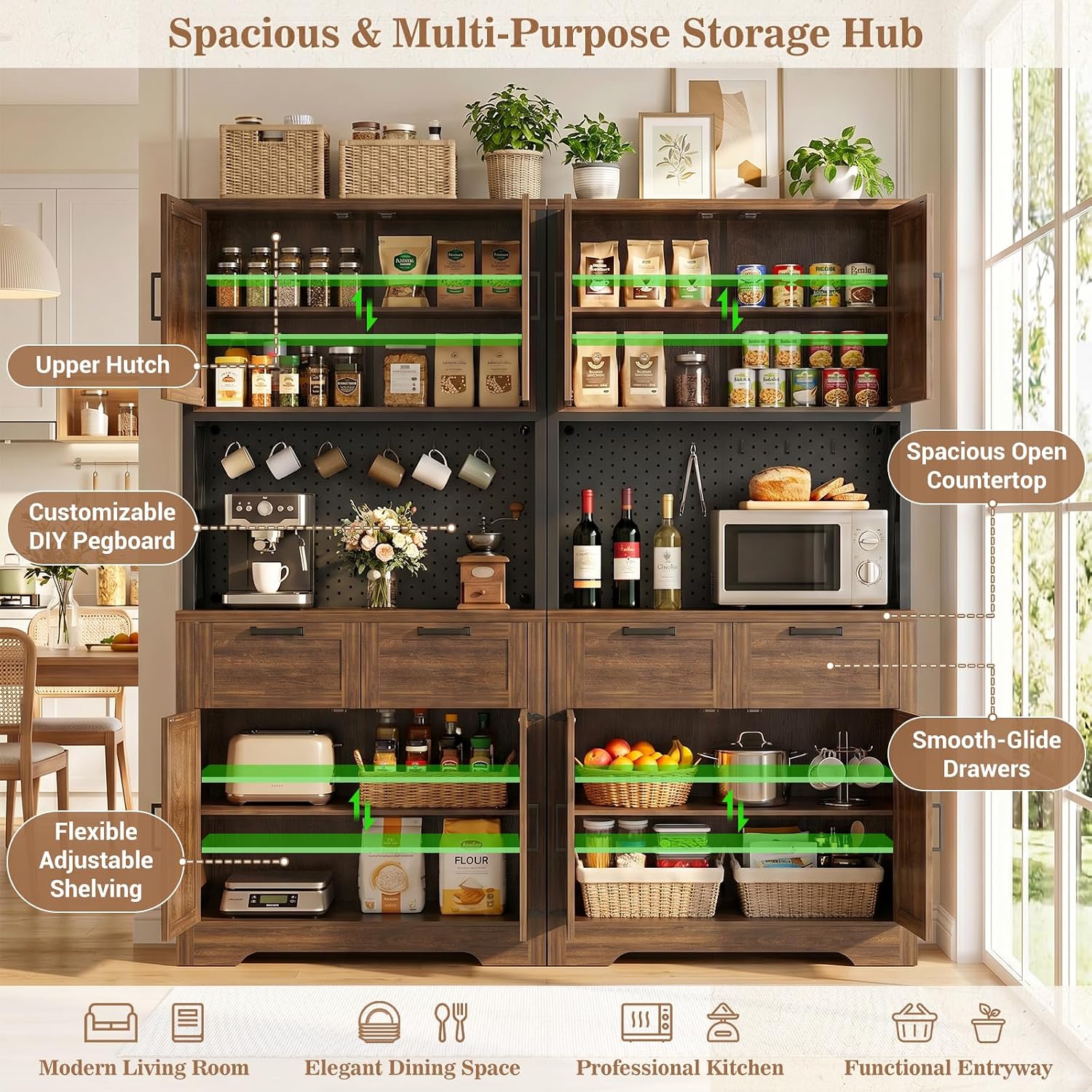 Unikito 71" Tall Kitchen Pantry Cabinet with Microwave Countertop, 63" Wide Pantry Storage Cabinet with Charging Station & LED Lights,Large Kitchen Hutch Cabinet with Drawers, Weathered Brown
