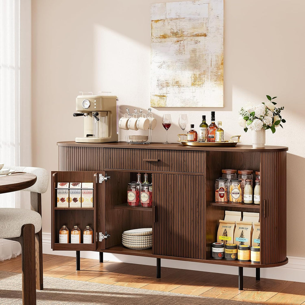 ONBRILL 63“ Sideboard Buffet Cabinet with Storage, Sideboard with 1 Drawer & 2 Door Shelves, Mid-Century Modern Kitchen Cabinets with Sliding Door, Coffee Bar Cabinet for Kitchen, Living Room, Walnut
