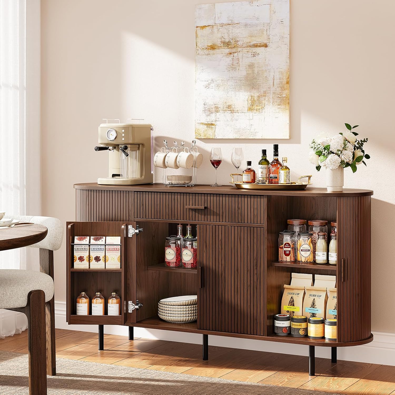 ONBRILL 63“ Sideboard Buffet Cabinet with Storage, Sideboard with 1 Drawer & 2 Door Shelves, Mid-Century Modern Kitchen Cabinets with Sliding Door, Coffee Bar Cabinet for Kitchen, Living Room, Walnut