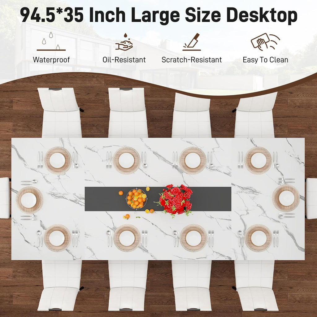 7-Piece Dining Table Set for 8 10 People, 94" Large Long Wooden Kitchen Table with 6 Cushion Chairs W/Waterproof Tabletop, Farmhouse Rectangular Dinner Table for Dining Room,Kitchen,Easy Clean