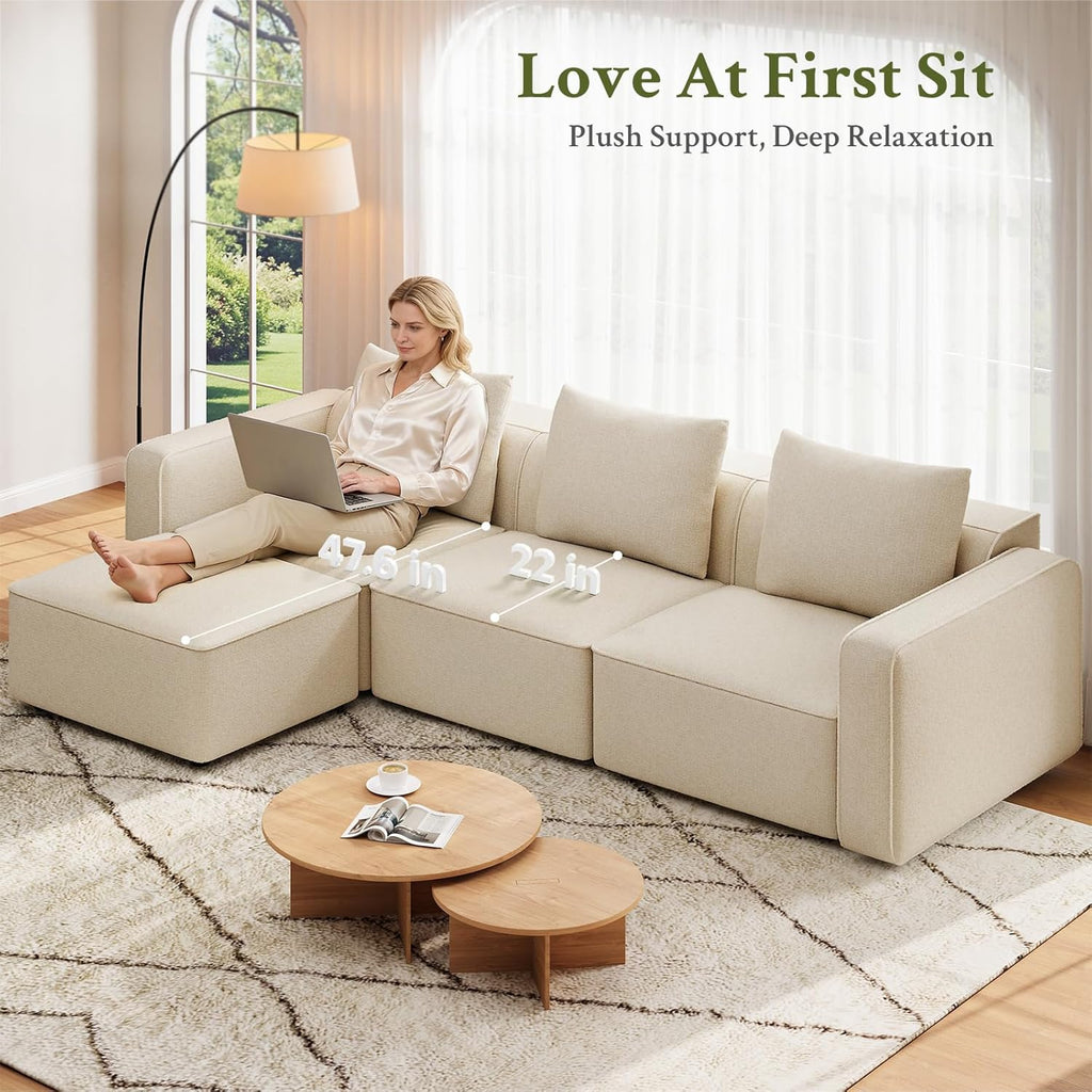 Welzona 103" Modular Sectional Sofa, Minimalist Comfy Cloud Couch Sectional, Tool-Free Setup Couches for Living Room, Wood Frame l Shaped Couch with Ottoman, 22" Deep Seat Chenille Cloud Sofa