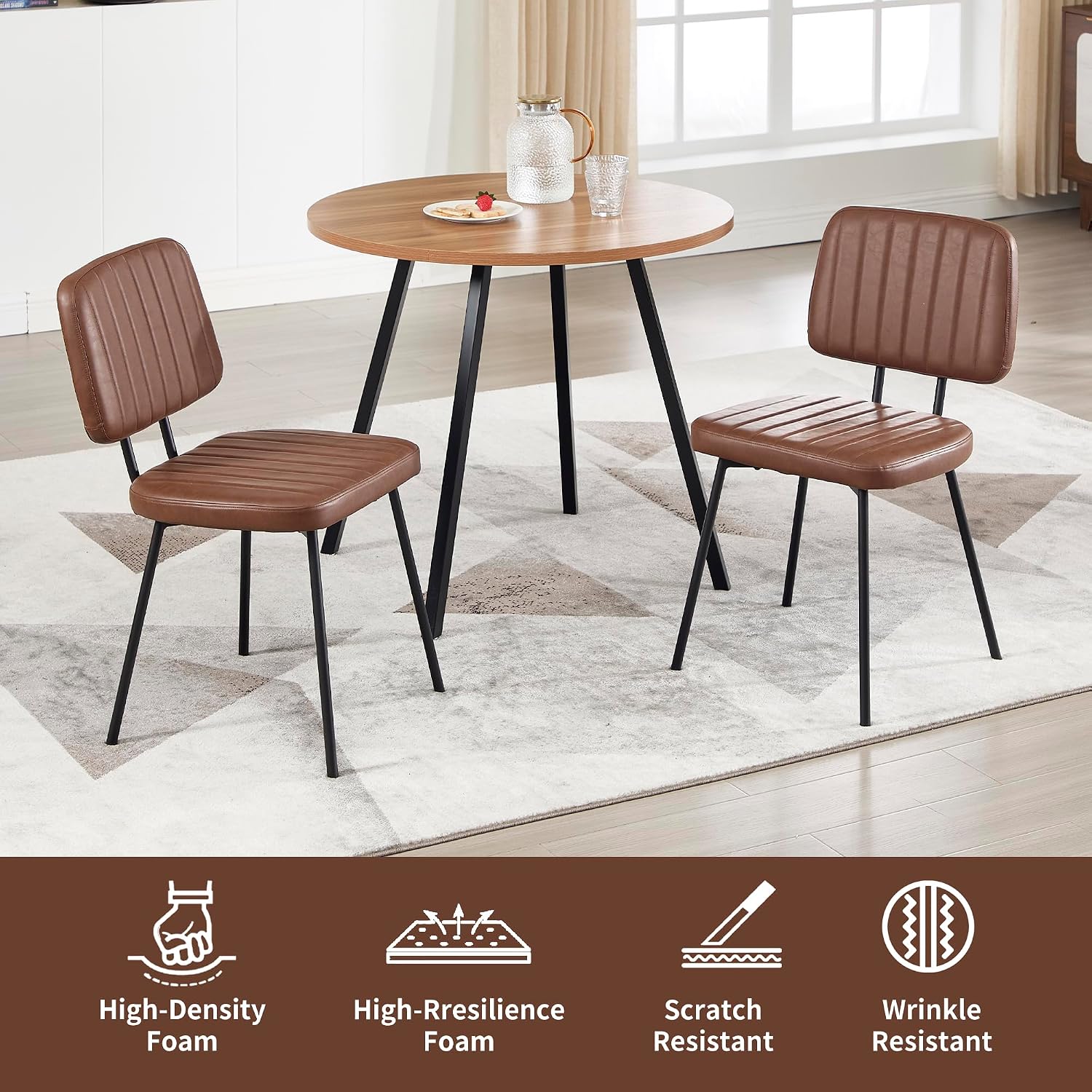 VipDesk Dining Chairs Set of 2, Faux Leather Upholstered Dining Chairs, Mid Century Modern Kitchen Dining Room Accent Chairs with Curved Backrest and Steel Frame for Living Room, Vanity - Coffee