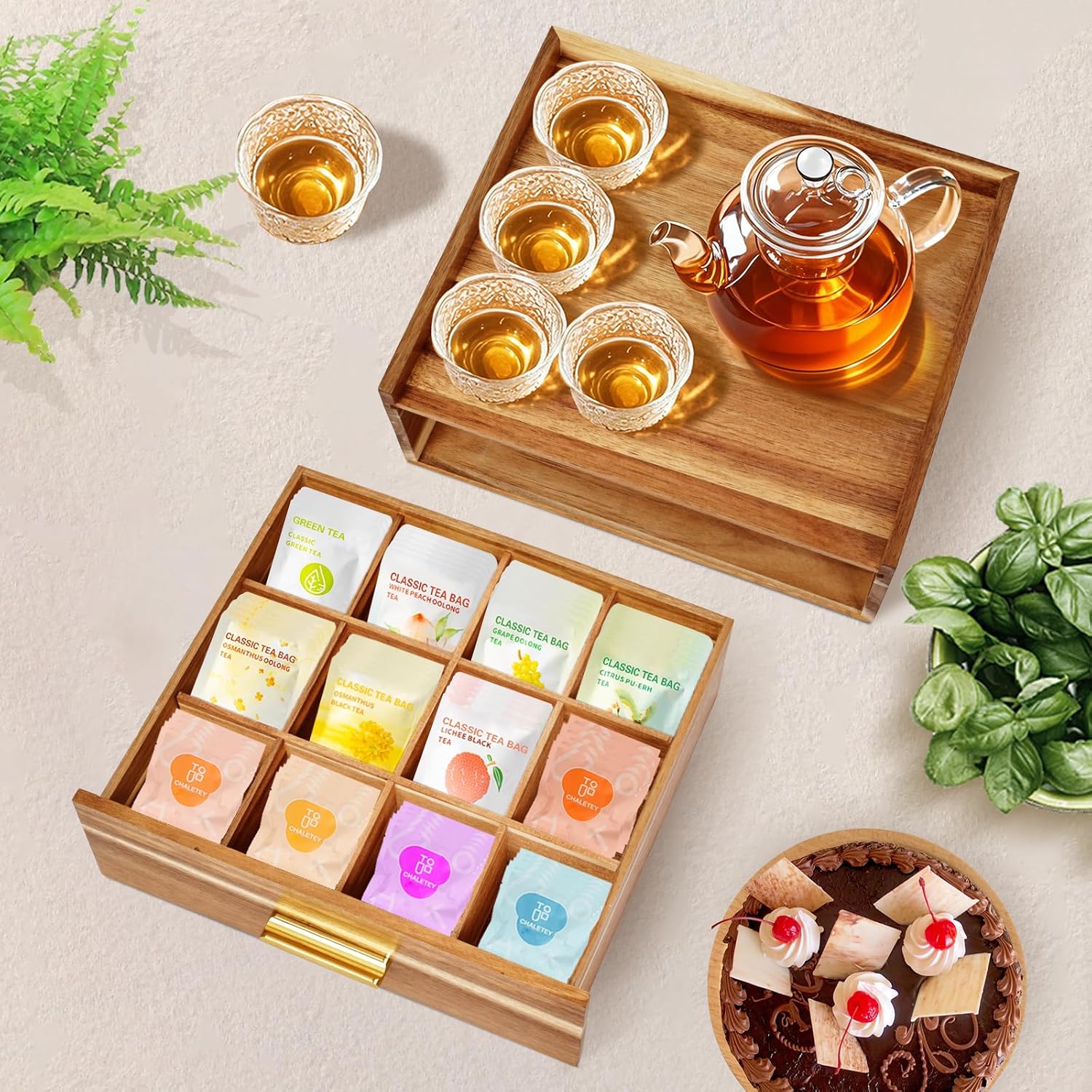 NANXITU Acacia Wood Tea Holder Organizer, Tea Box Organizer Storage Box | Tea Caddy for Tea Bags Organizer Drawer, with12 Compartments Multi-Functional Tea Station Chest for Countertop