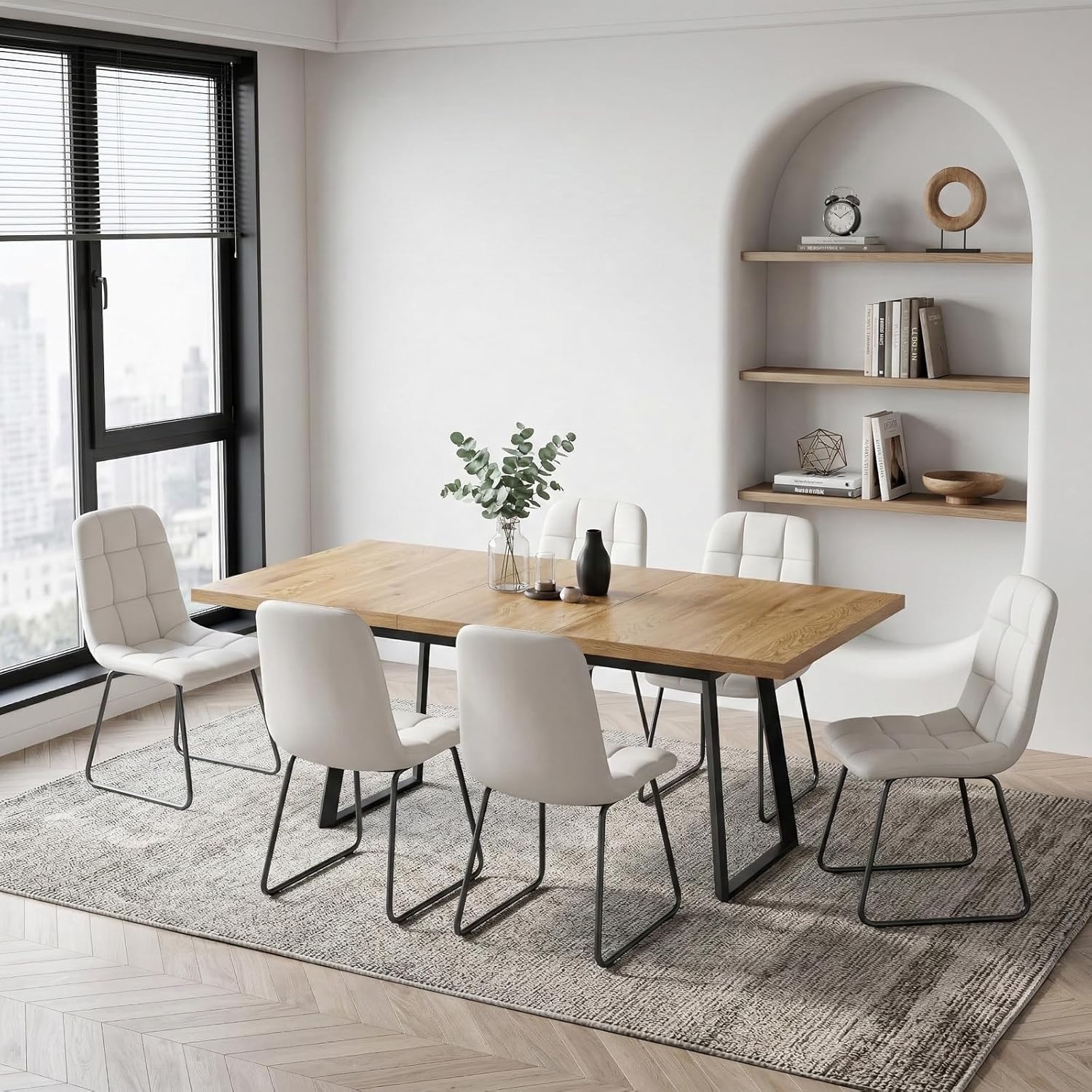 ZckyCine Extendable Dining Table Set 47"-63", Rustic Wood Table with 6 PU Leather Chairs, Modern Scandinavian Dining Room Furniture for Kitchen Apartment