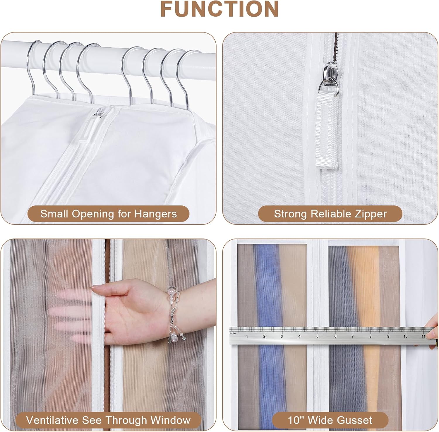 43" Premium Cotton Garment Bag for Hanging Clothes, Breathable Suit Bags for Closet Storage with Extre Large 10" Gusseted & Clear Window, Dust Cover with Zipper for Suits, Jacket, 3 Pack