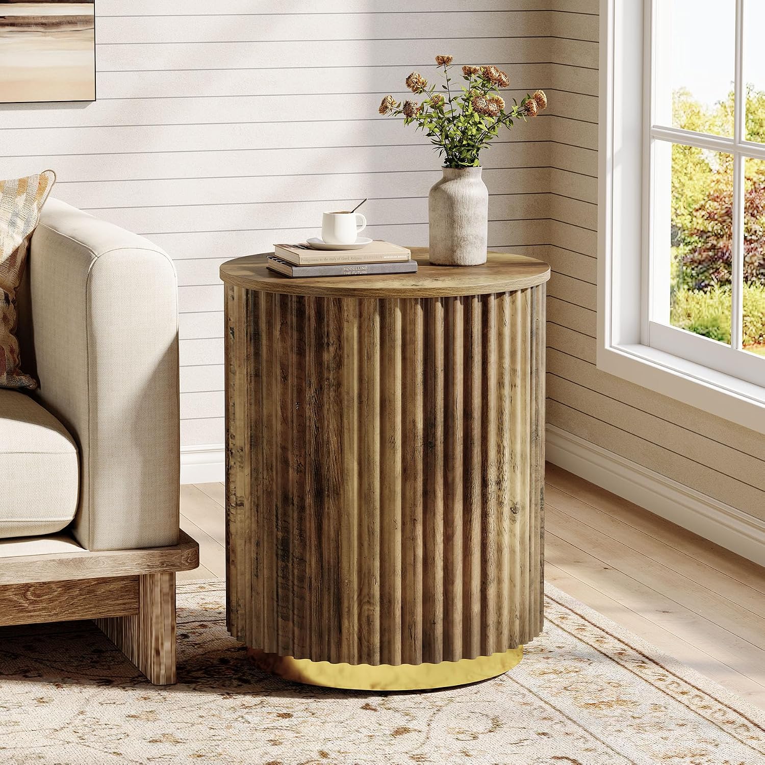 Tribesigns Fluted Round Side Table, Small Bedside Table for Sofa, Wooden Nightstand for Small Spaces, Living Room, Bedroom (1, Rustic Brown)