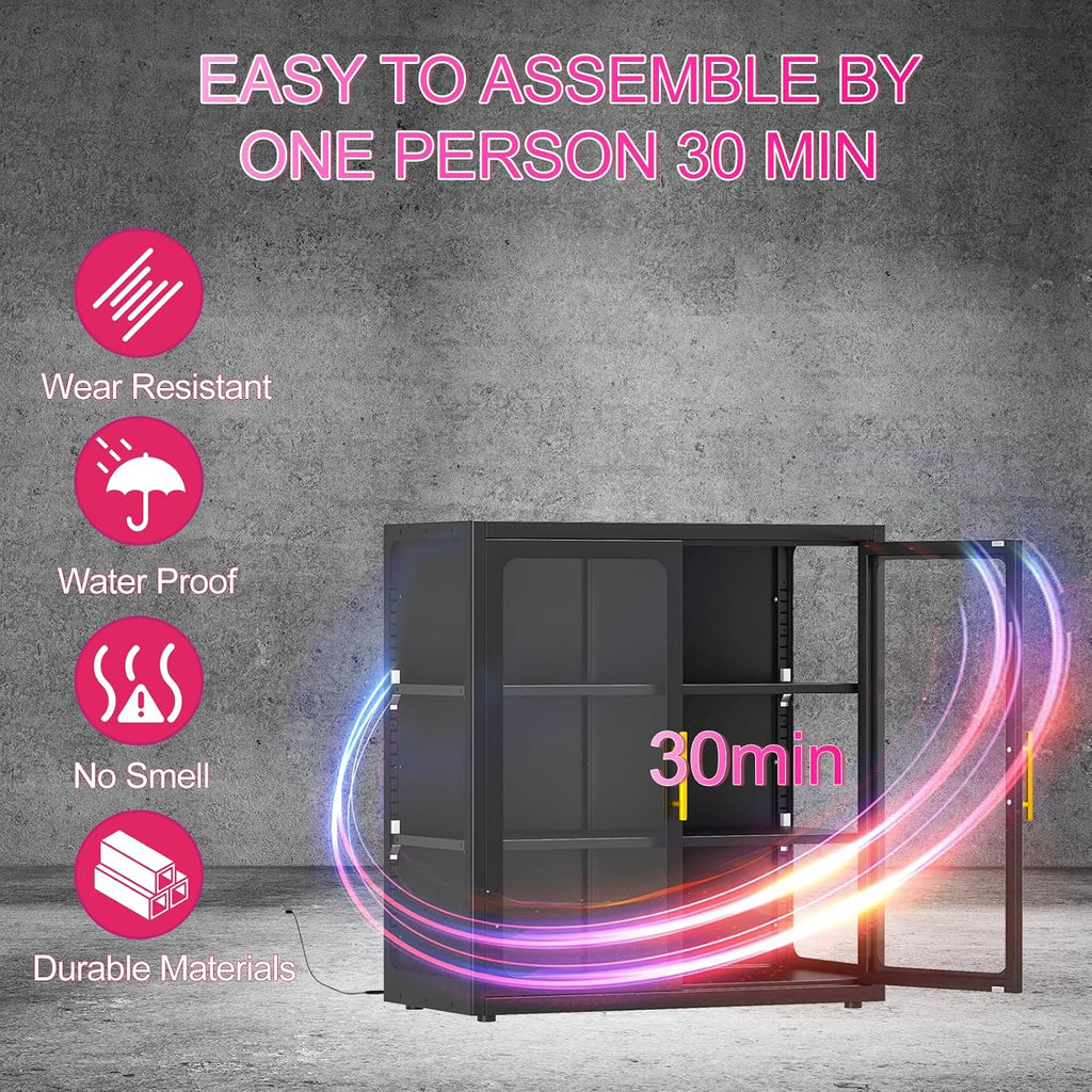 34" Display Cabinet with Glass Doors, 4-Tier Curio Cabinet with Many Color Lights for Collectibles, Glass Display Case, Bookcase with 4 Shelves, Storage Cabinets, Black