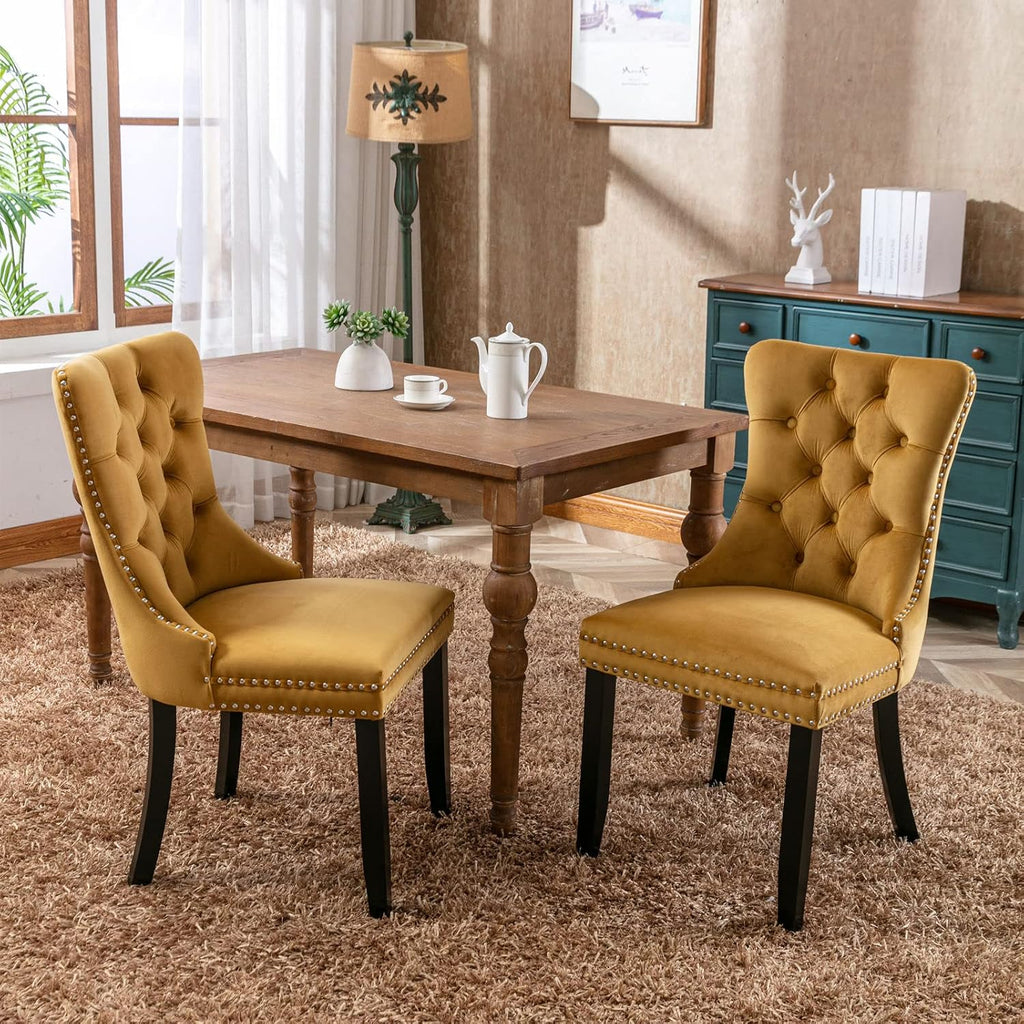 KEIKI Velvet Tufted Dining Room Chairs Set of 2, Kitchen Nailhead Trim Chairs with Solid Wood Legs and Padded Seat, Gold