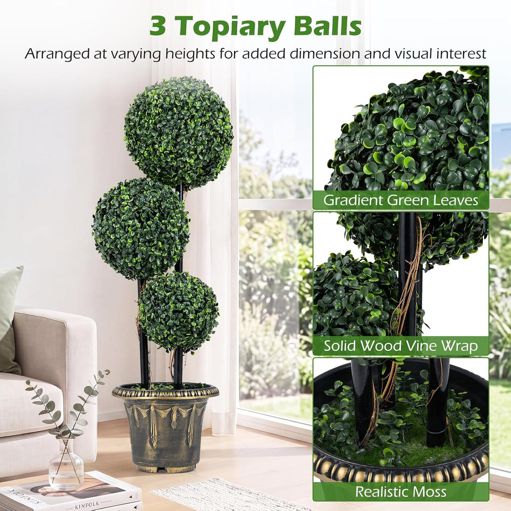 Goplus 3 FT Artificial Boxwood Topiary Tree, Sun-Protective Triple Ball Fake Plants Shrubs, Evergreen Faux Potted Plants for Indoor Outdoor Home Office Front Porch Decor