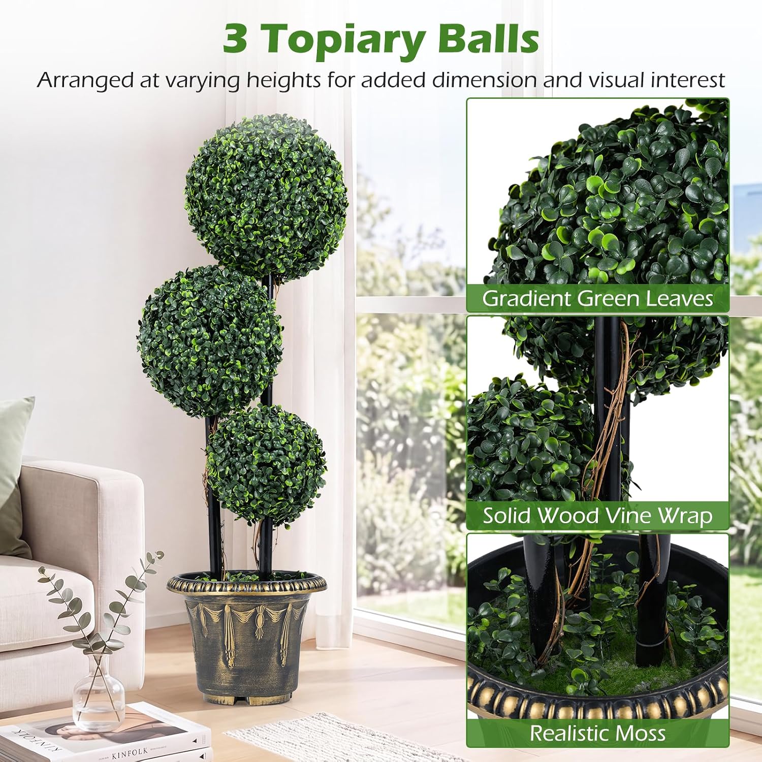 Goplus 3 FT Artificial Boxwood Topiary Tree, Sun-Protective Triple Ball Fake Plants Shrubs, Evergreen Faux Potted Plants for Indoor Outdoor Home Office Front Porch Decor