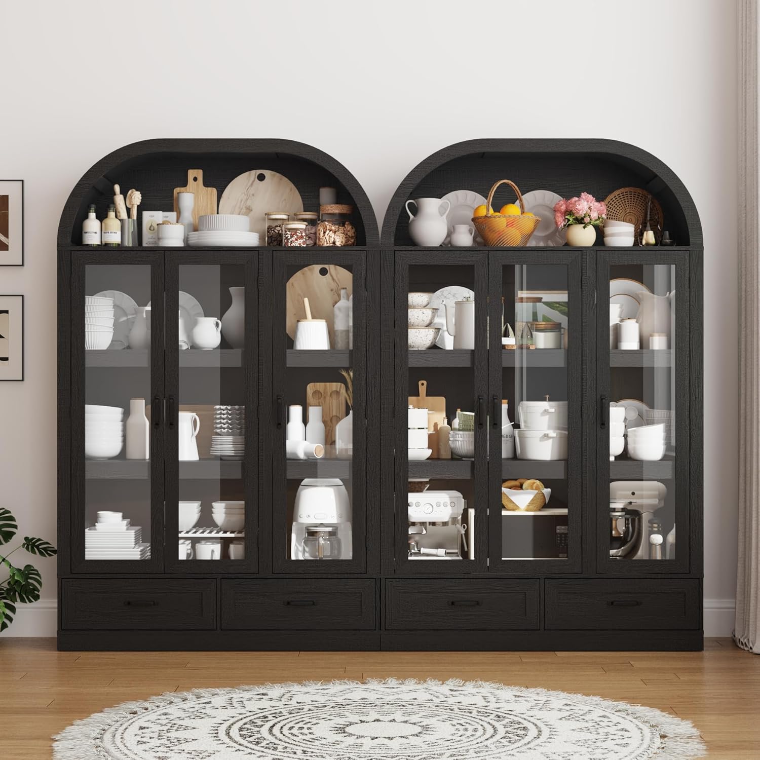 73" Tall Arched Kitchen Pantry Cabinet w Load-Bearing Steel Pipe,Modern Farmhouse Kitchens Storage Cabinet with Drawer and Glass Doors,Tall Arched Bookcase,Pantry Organizer(Woodgrain Black)