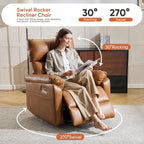 Power Recliner Chair with Adjustable Lumbar Support, Swivel Rocker Recliner with Overstuffed Armrests, Nursery Glider Recliner, Rocking Chair Nursery for Bedroom,USB&Type-C,Faux Leather Camel