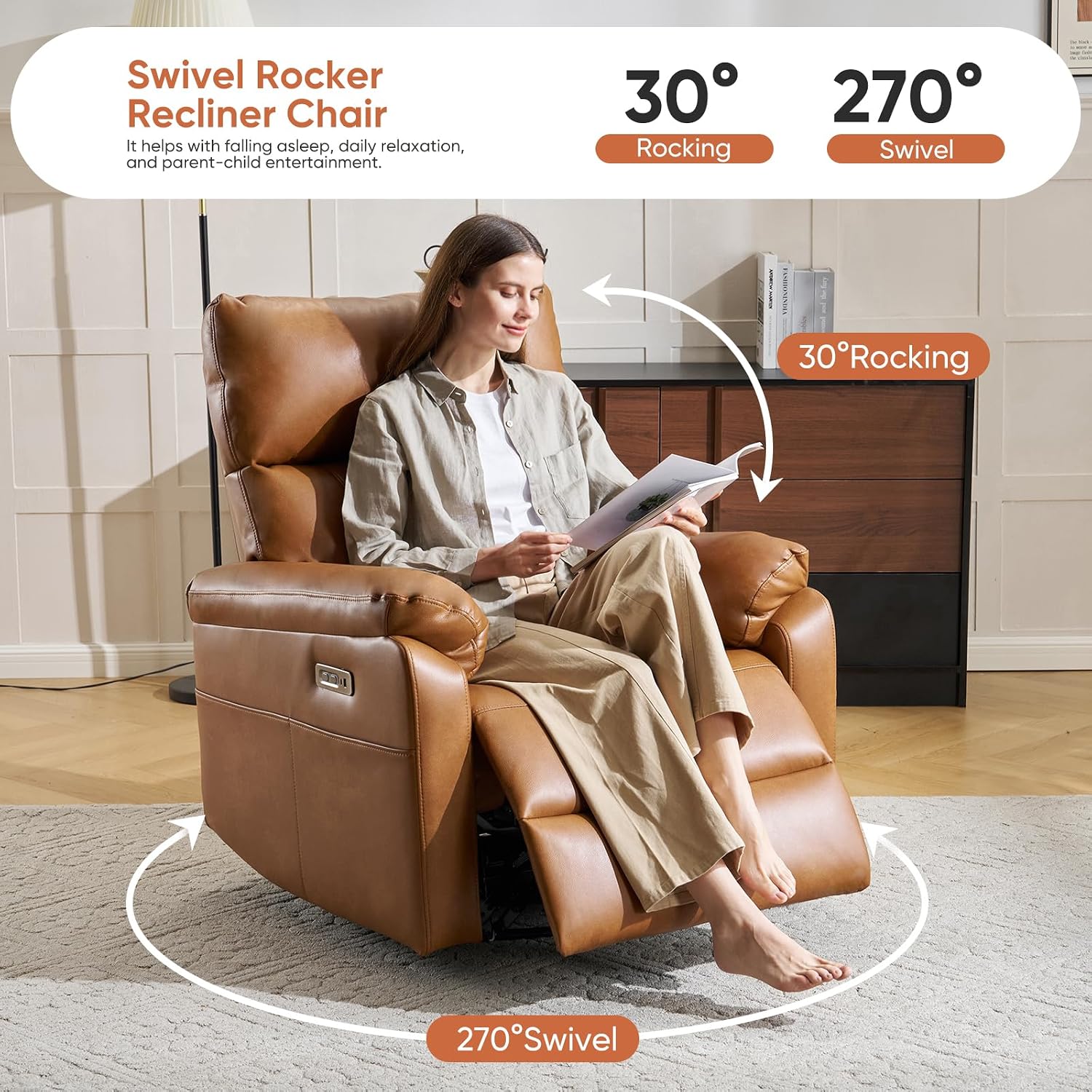 Power Recliner Chair with Adjustable Lumbar Support, Swivel Rocker Recliner with Overstuffed Armrests, Nursery Glider Recliner, Rocking Chair Nursery for Bedroom,USB&Type-C,Faux Leather Camel