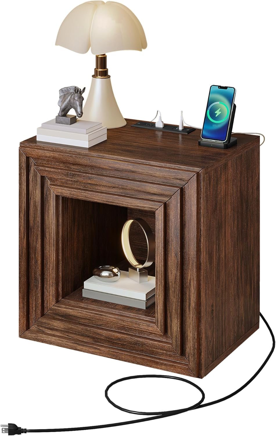 YITAHOME Farmhouse End Table, 2-Tier Square Night Stand with Drawer & Charging Station, Couch Sofa Side Table with Anti Tipping Kits for Living Room, Lounge, Hallway, Rustic Walnut