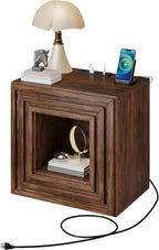 YITAHOME Farmhouse End Table, 2-Tier Square Night Stand with Drawer & Charging Station, Couch Sofa Side Table with Anti Tipping Kits for Living Room, Lounge, Hallway, Rustic Walnut