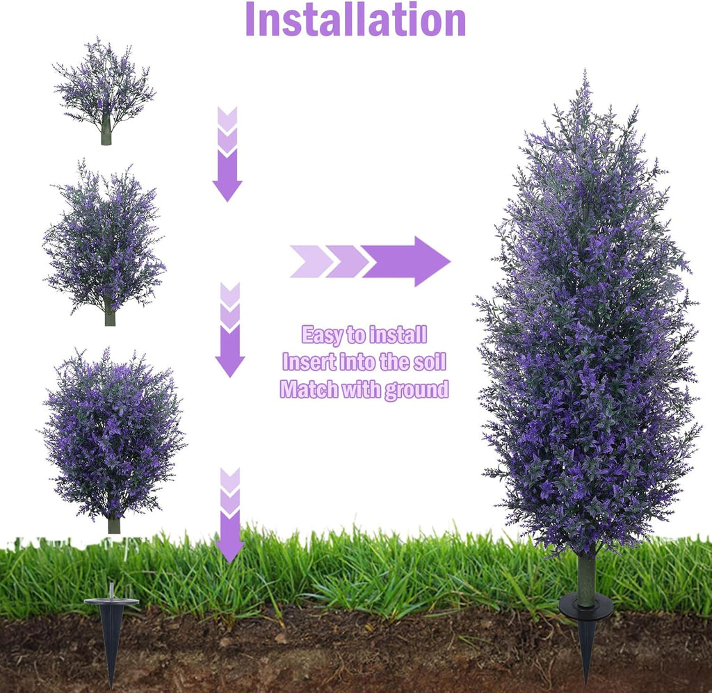 GTIDEA Artificial Purple Lavender Topiary Tree with Ground Spike, Artificial Outdoor Plants Fake Bushes UV Resistant Faux Shrubs Fade Proof for Outdoor Garden Front Decor, 2 Pack 4FT
