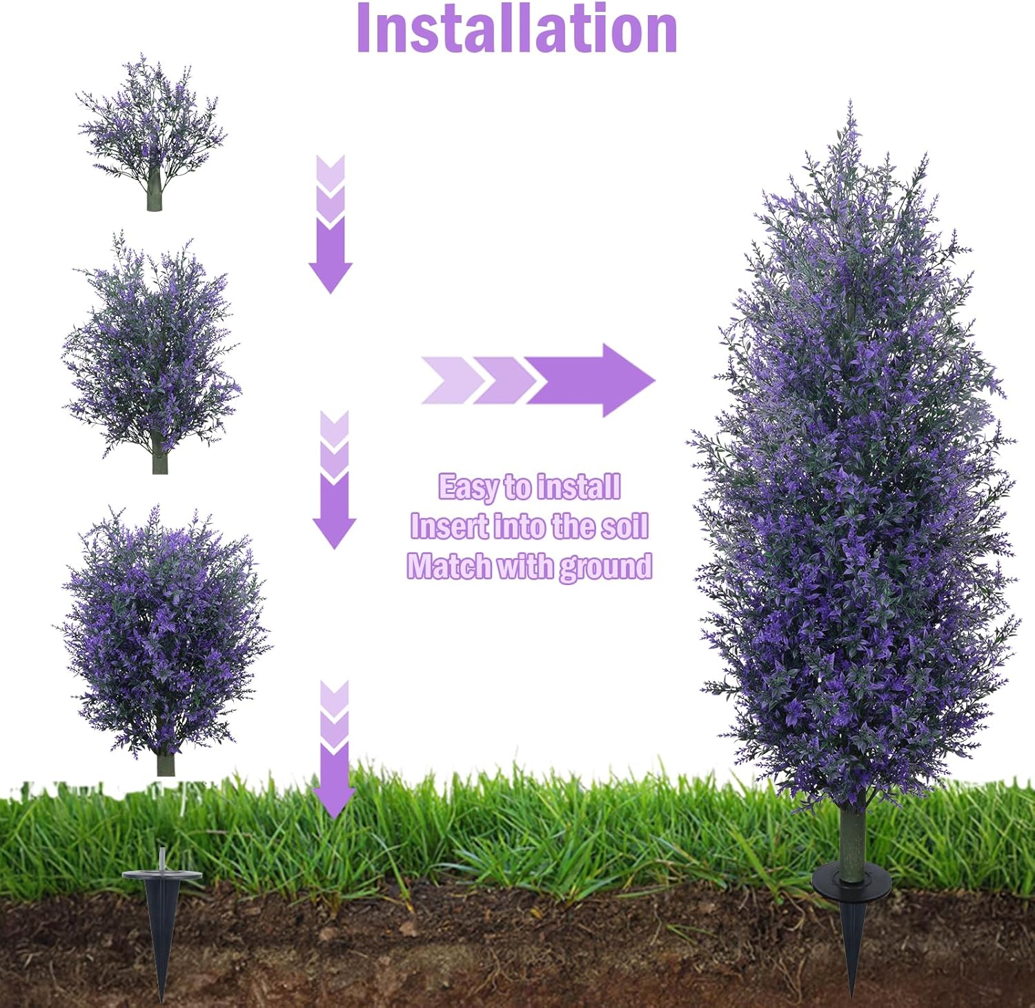 GTIDEA Artificial Purple Lavender Topiary Tree with Ground Spike, Artificial Outdoor Plants Fake Bushes UV Resistant Faux Shrubs Fade Proof for Outdoor Garden Front Decor, 2 Pack 4FT