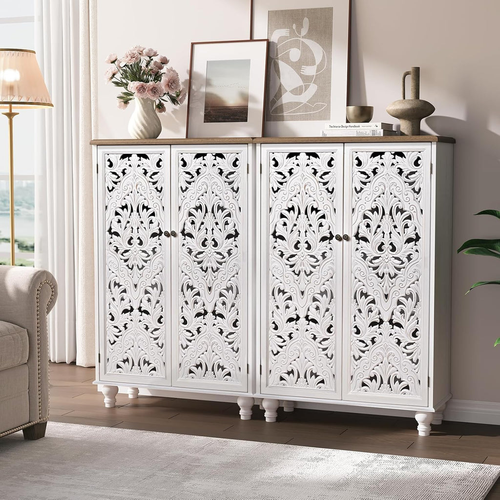 Accent Cabinet with Doors, 47" Tall Buffet Cabinet with Solid Wood Legs, Freestanding Sideboard for Living Room, Entryway, Dining Room, Bedroom, White