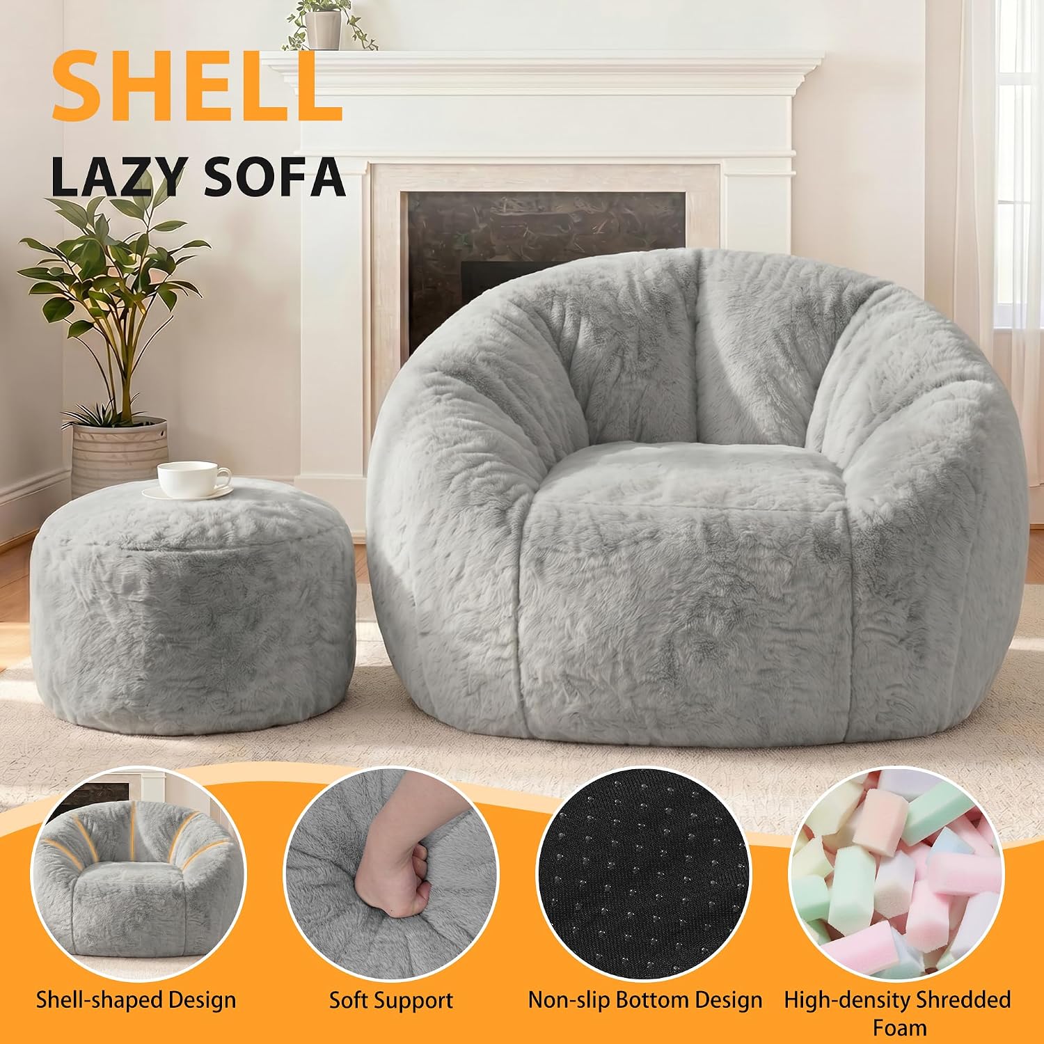 HABUTWAY Bean Bag Chair,Giant Shell-Shaped Bean Bag Couch w/Ottoman,Grey | Oversized Beanbag Chair with High Backrest, Softness and Comfort, No Assembly Required, for Living Room, Bedroom
