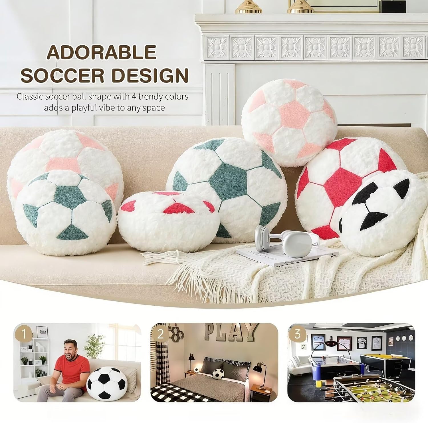 Soccer Pillow Football Round Cushion Soft Fluffy Soccerball Decorative Plush Pillow for Room Decor (Black, 12 Inch)