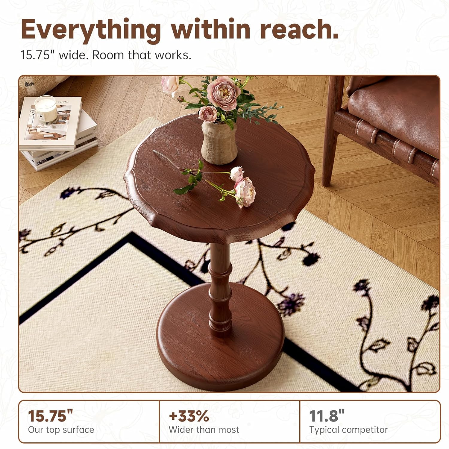 100% Solid Wood Round Pedestal Side Table, Vintage End Table for Living Room Bedroom, Heavy-Duty Antique Accent Table for Corner Spaces, Small Bedside Nightstand, 5-Min Assembly, Walnut
