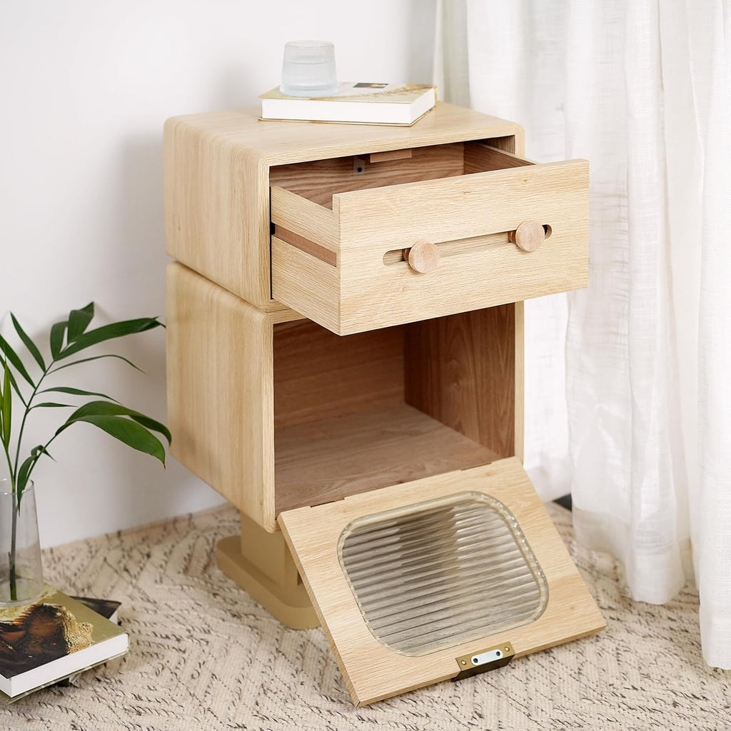 Merax Rotatable Robot End Table with Drawer and Cabinet, Creative MDF Storage Side Table Living Room Office Accent Table Bedroom Nightstand, 16"x12"x26", Natural Color