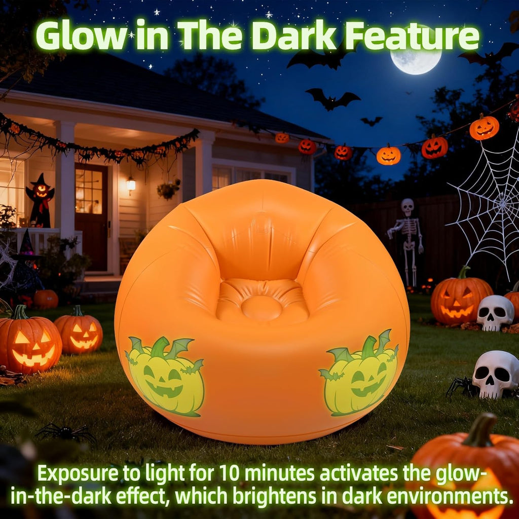 Inflatable Bean Bag Chair Sofa for Kids with Pumpkin Pattern Glow in the Dark, Blow up Air Lounge Chairs Furniture Couch for Camping Movie Night Halloween Decoration Clearance