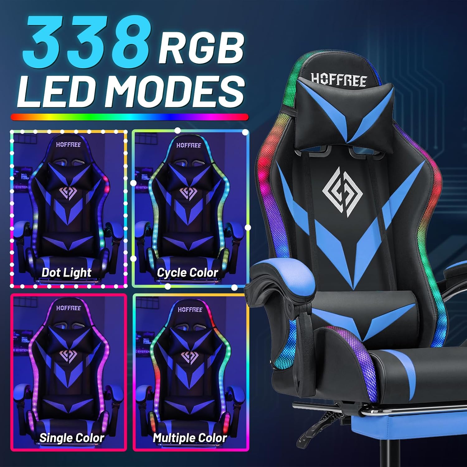 RGB Gaming Chair with Bluetooth Speakers and LED Lights Ergonomic Massage Computer Gaming Chair with Footrest Video Game Chair High Back with Lumbar Support Blue and Black