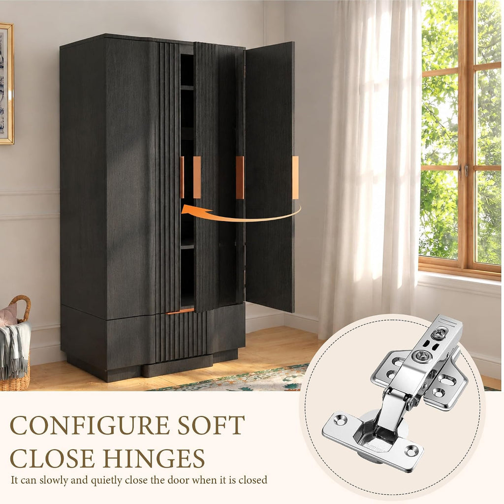 Yechen 67" Fluted Armoire Wardrobe Closet with Doors and Drawer | Wooden Wardrobe Closet Cabinet with Adjustable Shelve, Modern Small Armoires Storage Clothes, Coats for Bedroom, Black
