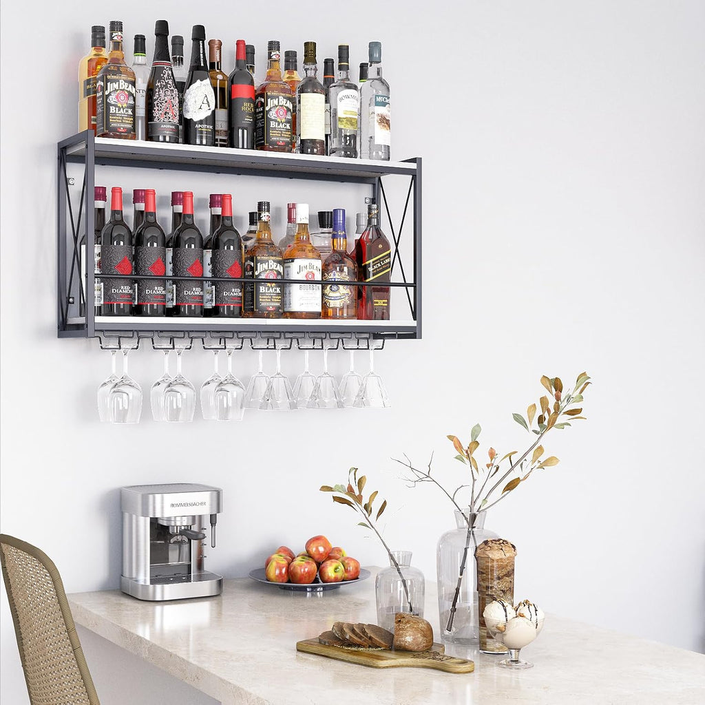 Dokser Wine Rack Wall Mounted Shelf - 2 Tier, Rustic Wood & Industrial Iron Frame Wine Bottle Holder for Kitchen, Dining Room, Home Bar Decor (White)