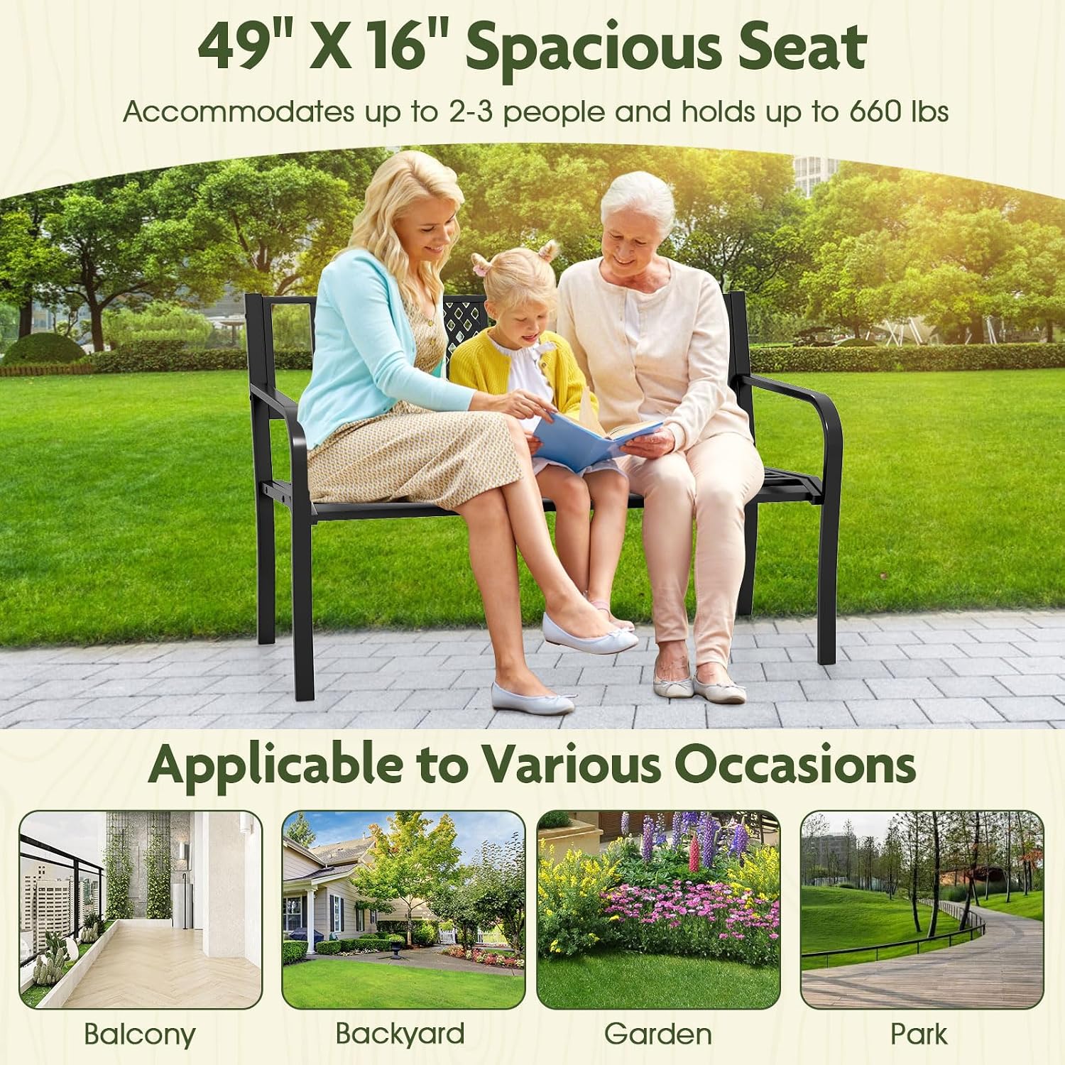 Giantex Metal Outdoor Bench with Mesh Pattern Backrest, Curved Armrests, 660Lbs Capacity, Slatted Seat for 2-3 Persons, Patio Bench for Yard, Poolside, Porch, Park, Garden (50"×23"×32",Black)