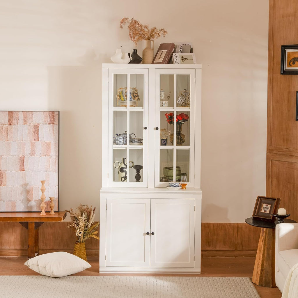 roomfitters Set of Two 75.25'' Pantry Cabinets with Glass Doors, Traditional Hutch Display Cabinet for Living Room and Kitchen, White