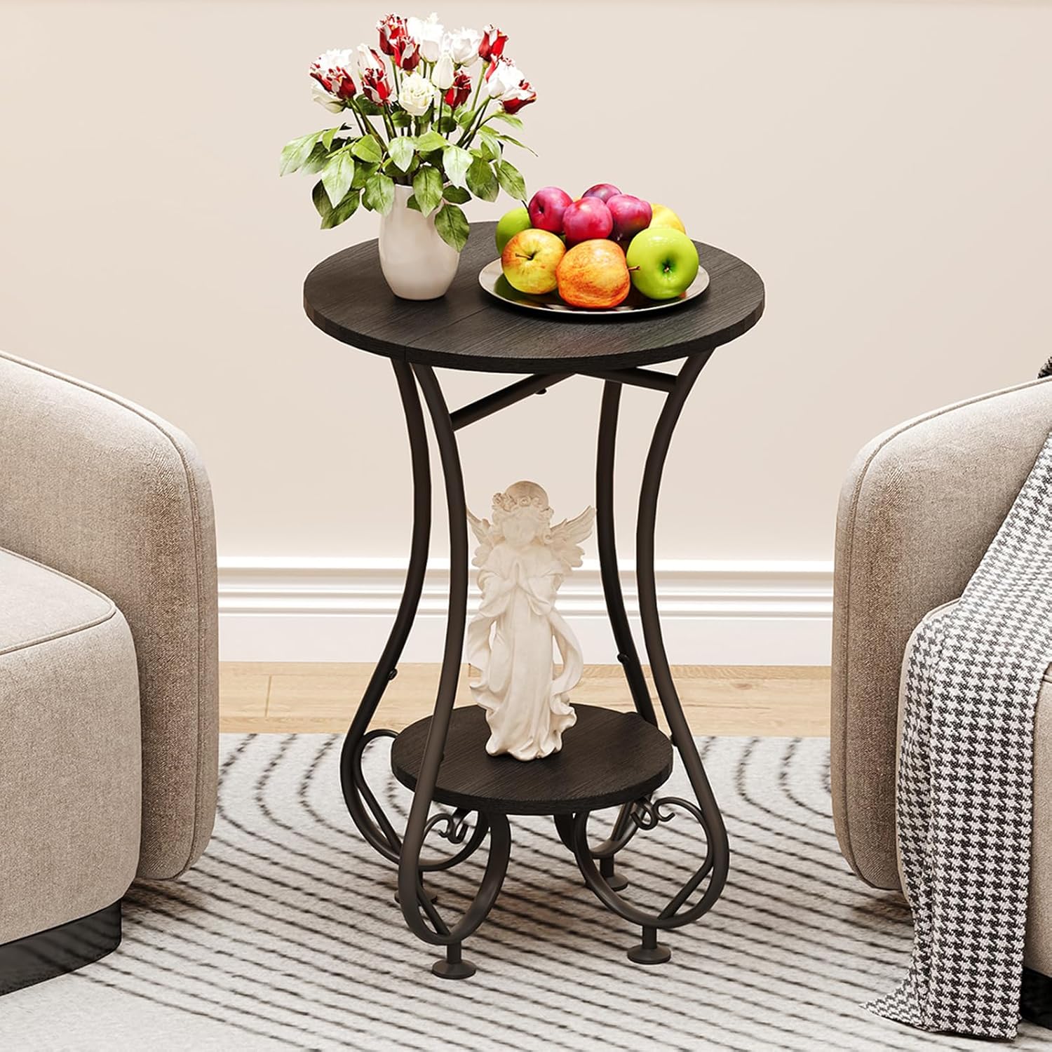 X-cosrack Small Round Side Table,Round End Table for Small Spaces - Black Metal Nightstand with Adjustable Feet,Couch Sofa Coffee Table,Retro Accent Table for Living Room Bedroom Balcony
