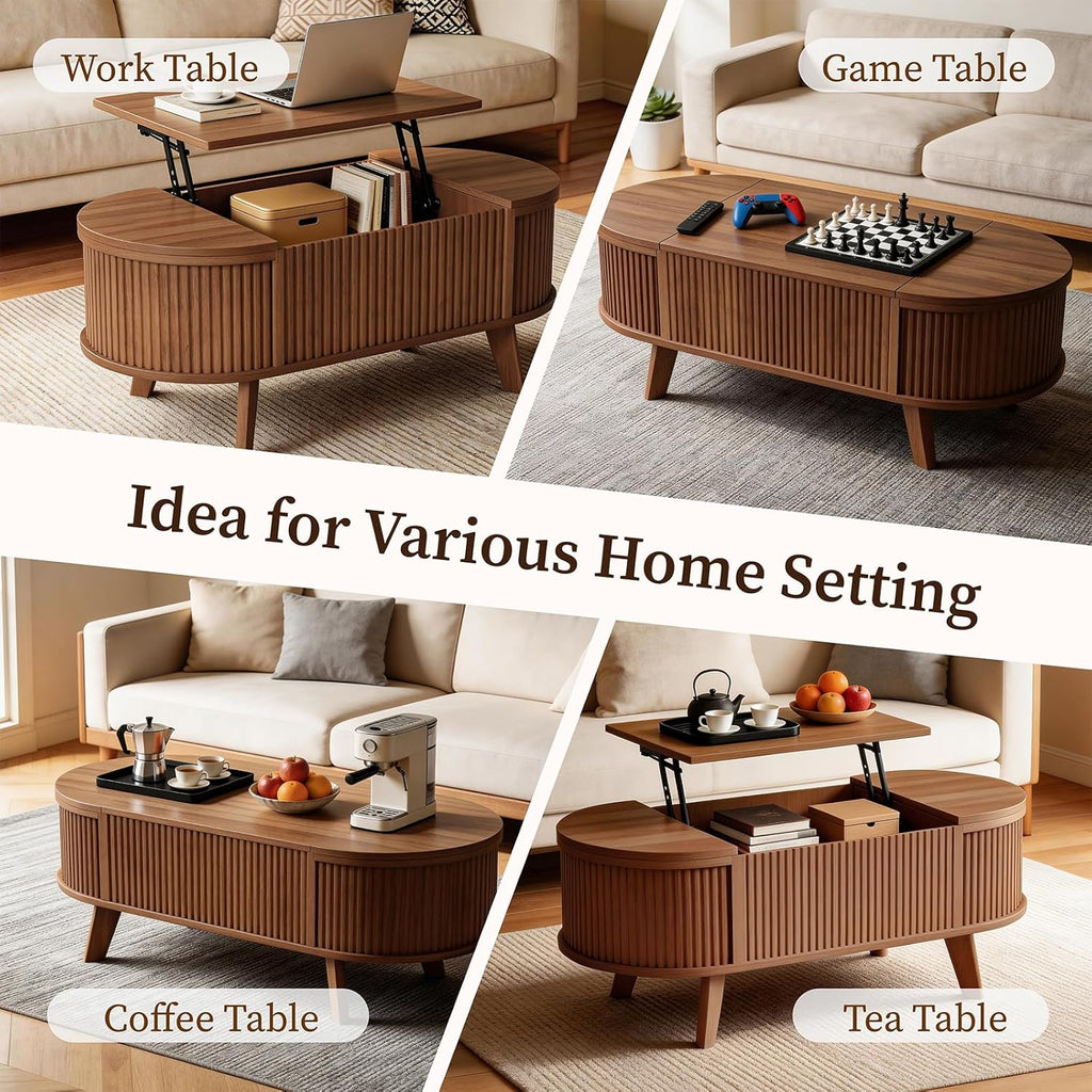 Oval Fluted Coffee Table with Lift Top, Mid Century Modern Coffee Table with 3 Hidden Storage, 39.4" Farmhouse Center Tables for Living Room Home Office, Walnut
