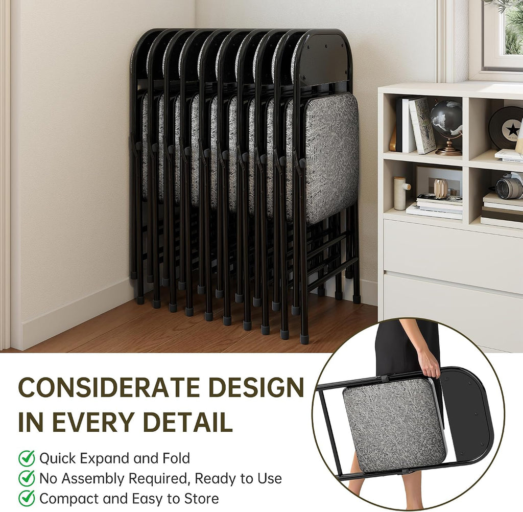 4 Pack Padded Cushion and Back Folding Chairs, Fabric Dining Chair Set with Steel Frame Metal for Home and Office, for Indoor and Outdoor Events, (Fabric Gray)
