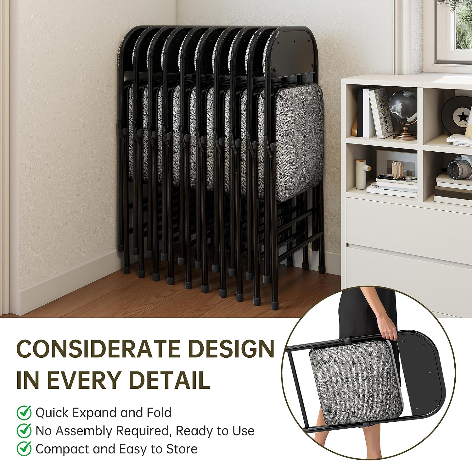 4 Pack Padded Cushion and Back Folding Chairs, Fabric Dining Chair Set with Steel Frame Metal for Home and Office, for Indoor and Outdoor Events, (Fabric Gray)
