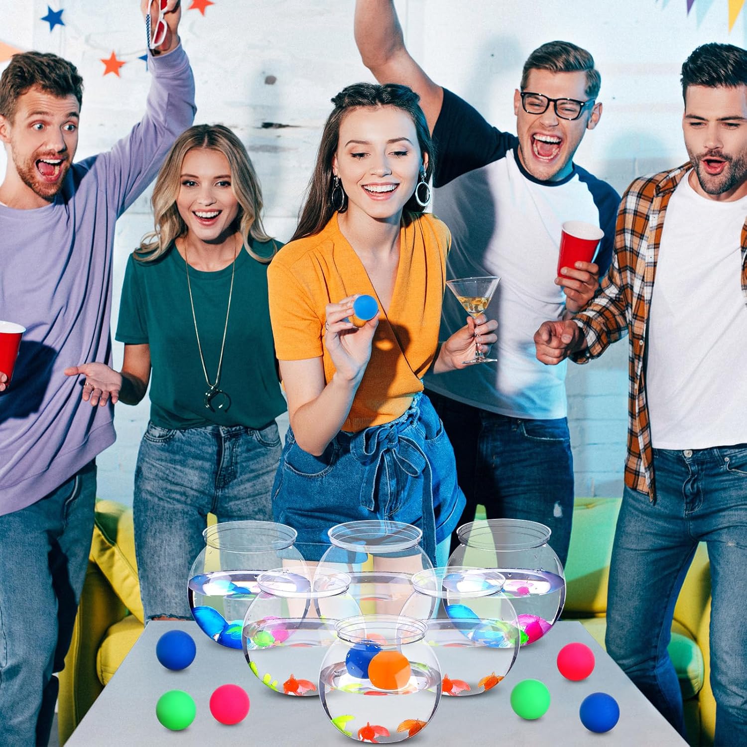 Jingmore 12 Set 30 oz Fishbowl Table Tennis Carnival Game Favors with Bounce Round Bowls Multicolor Balls Plastic Gold Fish for Adults Carnival Game Party Activity Prizes