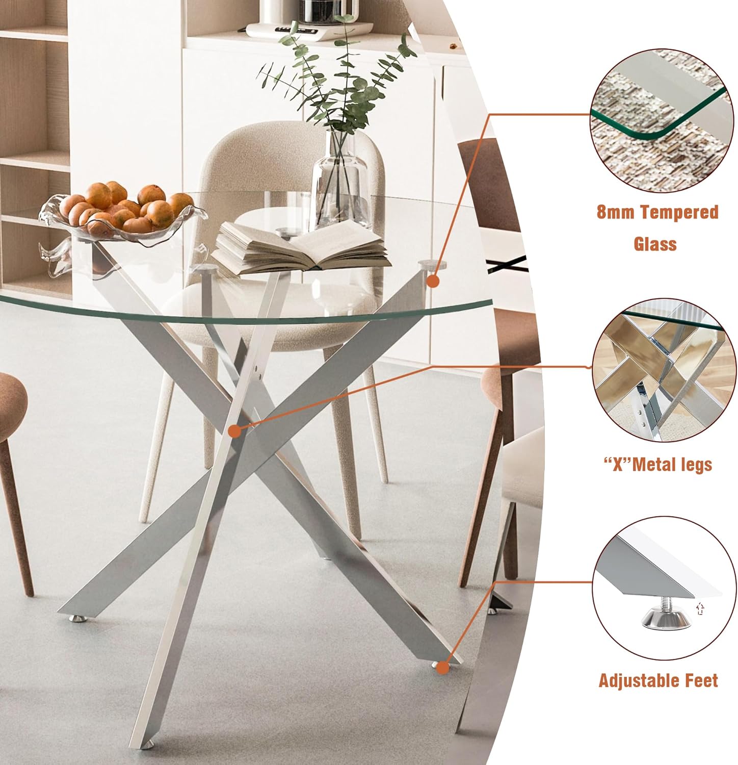 Modern 5 Piece Glass Dining Table Set, 47.2" Round Dining Table Set for 4, Glass Dining Room Kitchen Table with X-Shape Silver Metal Leg & 4pcs Beige Dining Chairs, Modern Circle Glass Dining Set