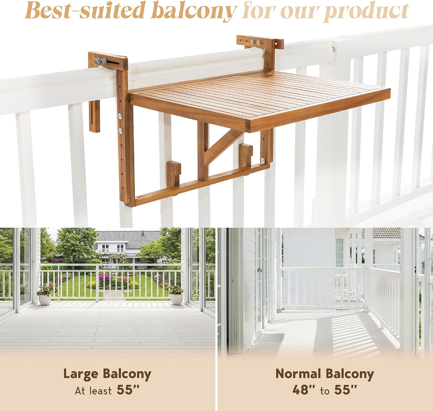 Idzo FSC Acacia Wood Folding Balcony Bar Table for Railings, Adjustable Height & Width, Teak Finish Durable Against Weather, Ideal Spacious Dimension of 27 9/16 x 23 7/16 Inch, Rectangular Design