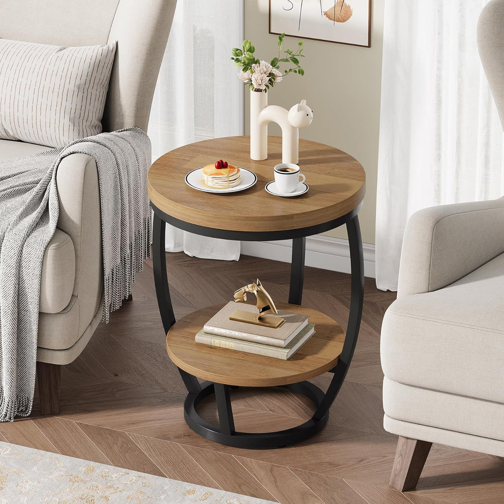 Round End Table Set of 2, 2 Tier Industrial Side Table, Nightstand with Metal Frame, Accent Bedside Table with Storage Shelves for Living Room, Bedroom, Small Spaces, Light Brown & Black