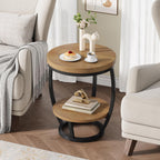 Round End Table Set of 2, 2 Tier Industrial Side Table, Nightstand with Metal Frame, Accent Bedside Table with Storage Shelves for Living Room, Bedroom, Small Spaces, Light Brown & Black