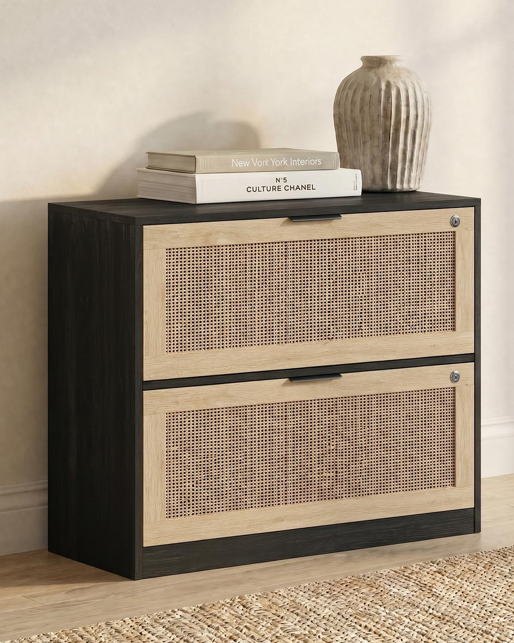 YIGOBUY 27" Boho Rattan Nightstand, 2 Lockable Drawers with Reinforced Lever & Adjustable File Rod, Wooden Storage Bedside End Table for Bedroom Living Room,Black