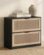YIGOBUY 27" Boho Rattan Nightstand, 2 Lockable Drawers with Reinforced Lever & Adjustable File Rod, Wooden Storage Bedside End Table for Bedroom Living Room,Black